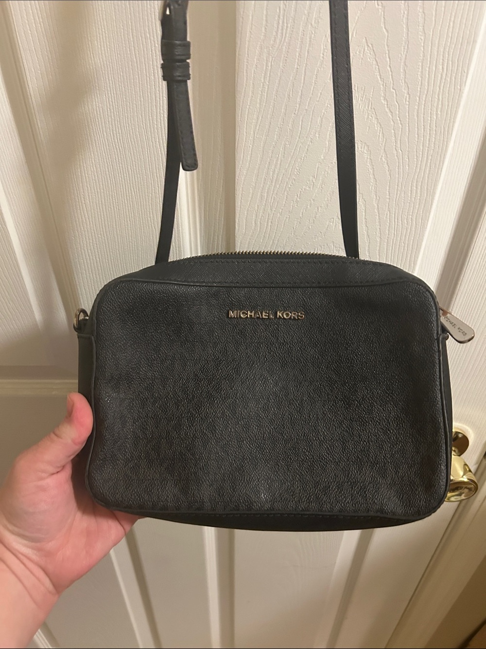 Michael Kors Black Leather Crossbody Bag with Gold Hardware